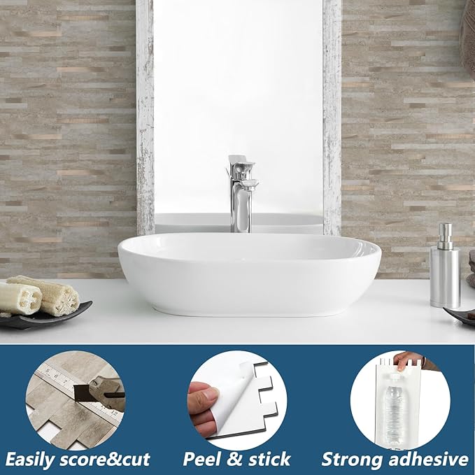 Yipscazo 10 Sheets PVC Wall Tiles Stick on Tiles for Backsplash Kitchen, Bathroom, Laundry Room, Camper, Fireplace (6'' X 12'', Rock)