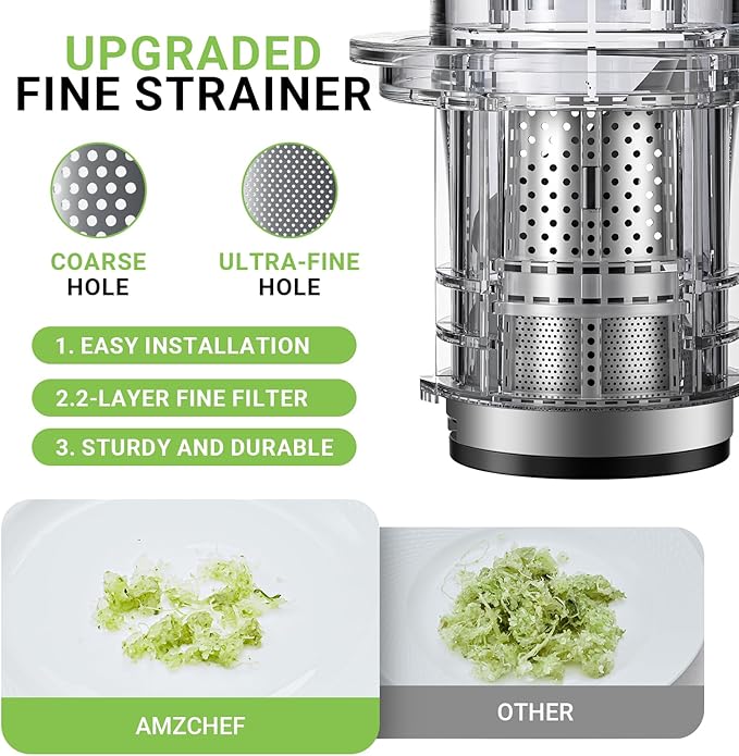 AMZCHEF Cold Press Juicer, 3.1" Juicer Machines with Large Feed Chute for Whole Fruits & Vegetables, Stainless Steel Juice Extractor with Large Auger, Dual Strainers, Easy Cleanup & Assembly
