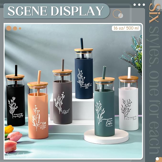 Inspirational Gifts Bulk 16 oz Glass Cups Aesthetic Can Shaped Coffee Cups with Bamboo Lid Straw Employee Appreciation Gifts for Women Teacher Nurse Office Business Favor(Christian)