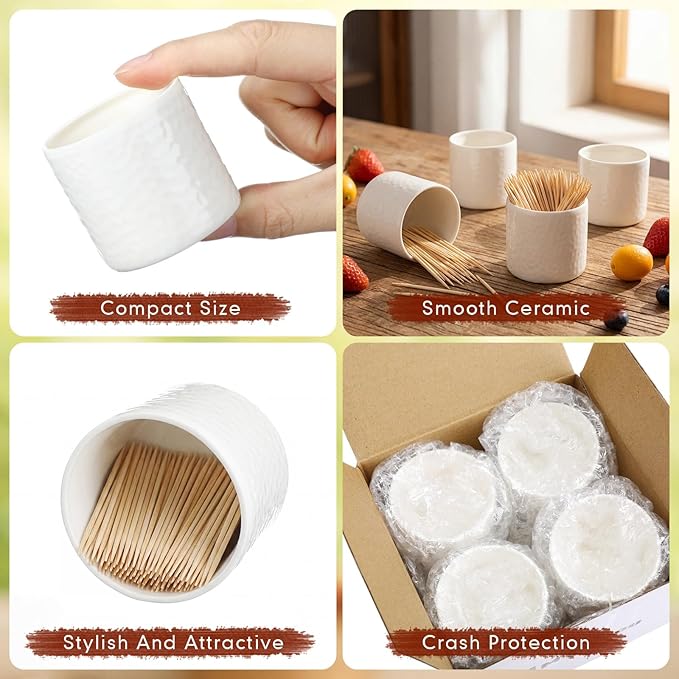 Mimorou 4 Pcs White Ceramic Toothpick Holder Simple Ceramic Toothpick Dispenser Container for Home Charcuterie, Easy to Clean (Hammered Texture)