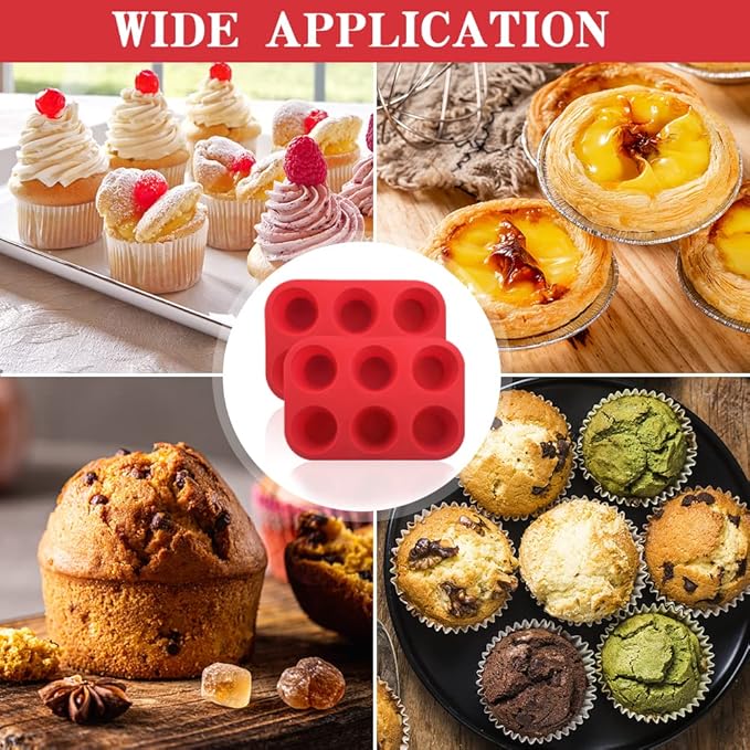 2PCS Silicone Muffin and Cupcake Pan - 6 Cup Non-Stick Mini Baking Molds, Reusable Tin for Brownies, 2 Trays Overlapped (Red, 9.45x6.5x1.57 Inch)