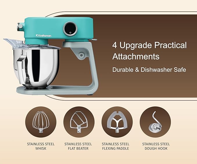 Kraftsman All-Metal Stand Mixer 5.3-Quart - Professional Kitchen Electric Food Mixer with Stainless Steel Mixing Bowl & Attachments for Baking, Dough & Cake, 8-Speed Control & Timer (Blue)