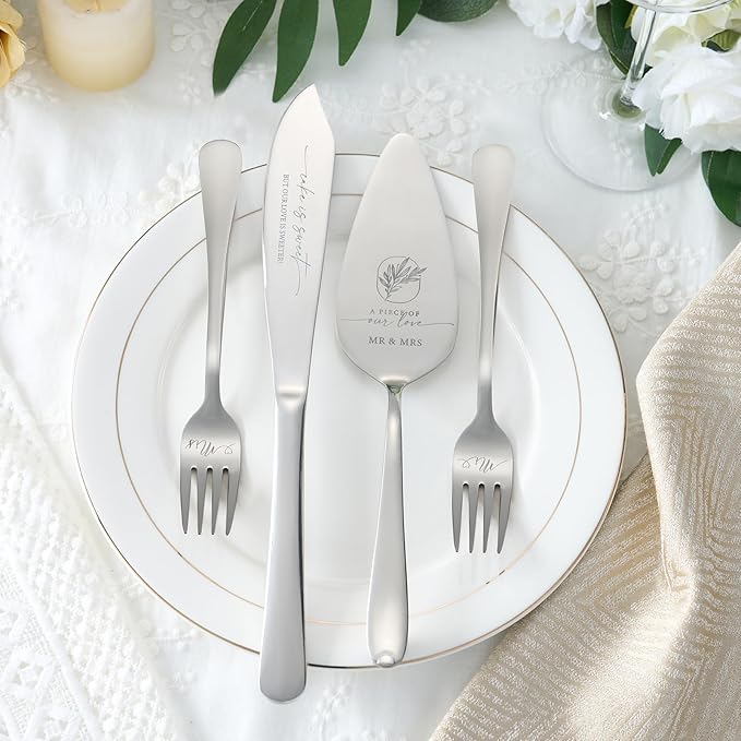 AW BRIDAL 4Pcs Wedding Cake Knife and Server set with Forks, Stainless Steel Engraved Cake Cutting and Pie Server Gifts for Bridal Shower Engagement, Silver