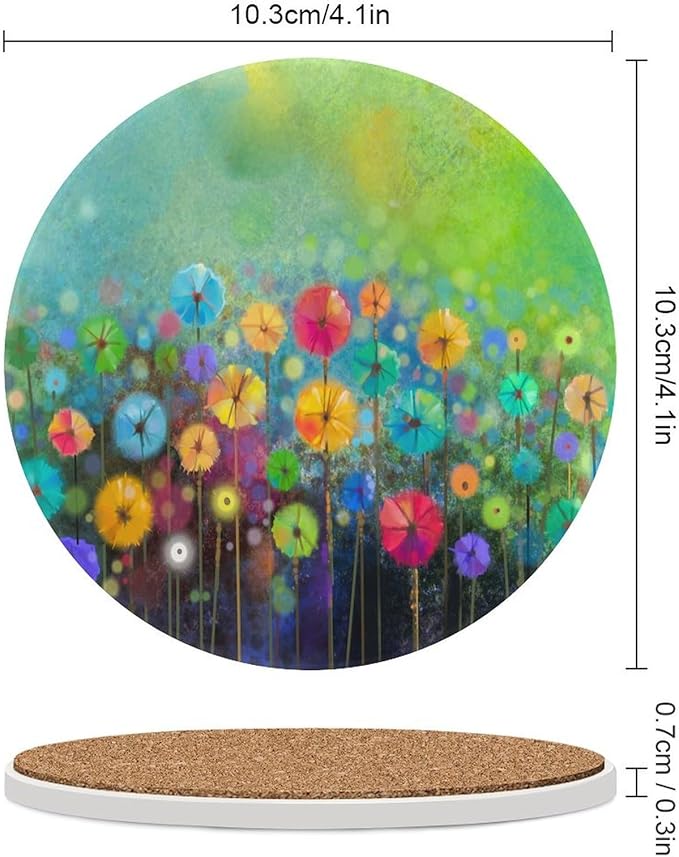 Round-6PCS Floral Drink Coasters, Round Modern Ceramic Absorbent Coasters, Watercolour Abstract Wildflower Nature Plant Colorful Floral Decor Desk Coffee Table Coaster for Beverage Cup Tea Coasters
