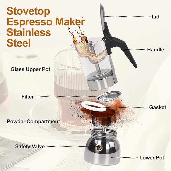 Vaolvpant 6 Cup Glass Clear Moka Pot Thickened 304 Stainless Steel Stovetop Espresso Maker Italian Coffee Machine 300ml 10.6oz Classic Mocha Cafe Greca Coffee Suitable for Gas Induction