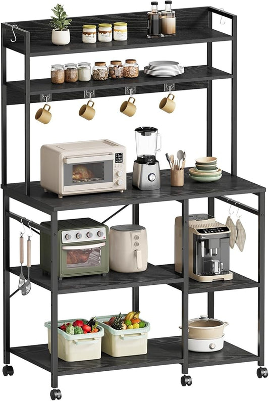 Kitchen Bakers Rack with Storage，Microwave Stand with Wheels，with Adjustable Shelves，Kitchen Shelves，Coffee Bar with 10 S-Shaped Hooks，35.4 * 15.8 * 61 Inches，Black