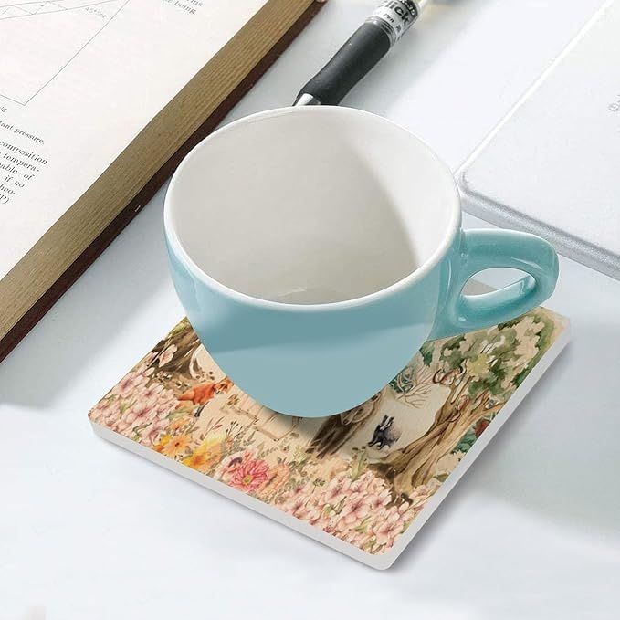 4PCS Forest Ceramic Coasters, Square Absorbent Drink Coasters, Retro Mountain Forest Nature Tree Woodland Flower Animal Bear, Deer Ceramic Table Coasters for Coffee, Beverage, Wine, Beer Coasters