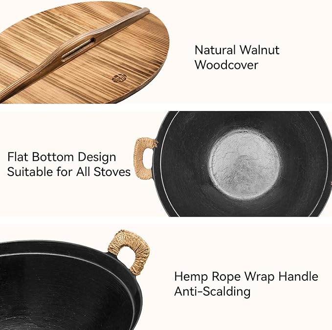 WANGYUANJI Cast Iron Wok Pan,13.4 inch Cooking Wok Stir Fry Pan with Dual Handle and Wooden Lid,Suitable for All Cooktops,Uncoated Chinese Traditional wok