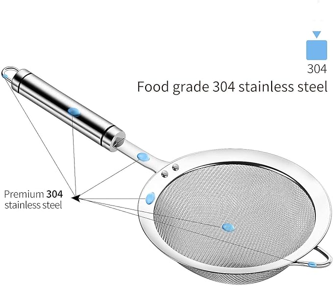 4.72 inches 304 Stainless Steel Fine Mesh Strainers for Kitchen, Colander-Skimmer with Handle, Metal Sieve Sifters for Food, Rice, Oil, Noodles, Fruits, Vegetable, Tea Strainer