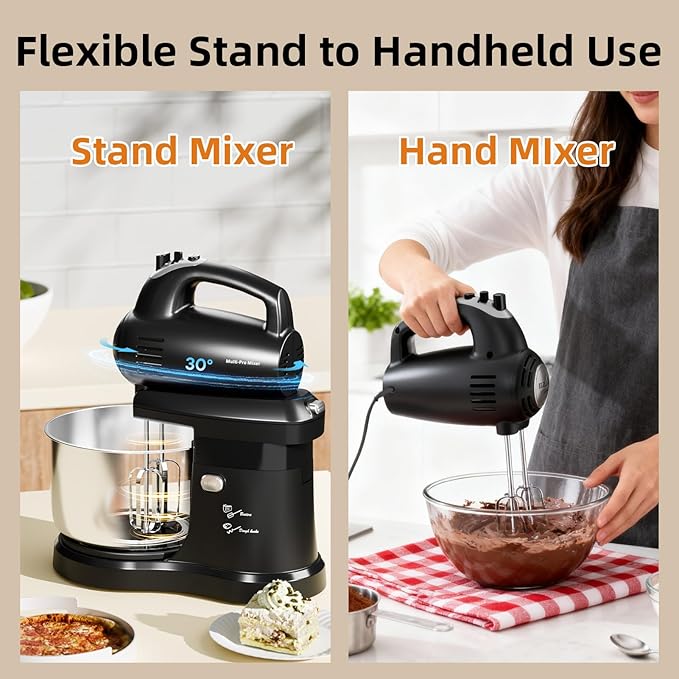 Stand Mixer Hand Mixer Kitchen Electric - 2-IN-1 3.2 QT Auto-Rotating Bowl & Beater Tilt-Head Small Standing Mixer, 250 Watt 5-Speed with Turbo Boost Household Mixer with Beaters & Dough Hooks