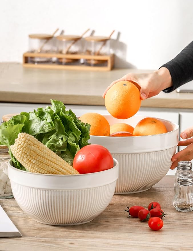 Ceramic Large Yellow Stripe Mixing Bowls for Kitchen, Set of 2 Big Serving Bowls for Cooking, Popcorn, Salad, Soup, Baking, Dough Bread Making Bowl, 10 inch + 8 inch, White