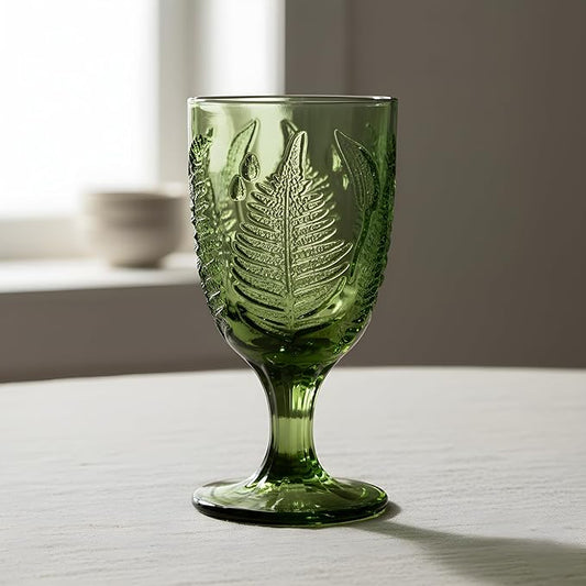 Green Glass Goblets Set of 4, 10 oz Stemmed Wine Glasses, Hand-Pressed Vintage Glassware, Fern Embossed Colored Stemware, Boho Aesthetic Textured Drinkware, Retro Home Decor Gift Set for Housewarming