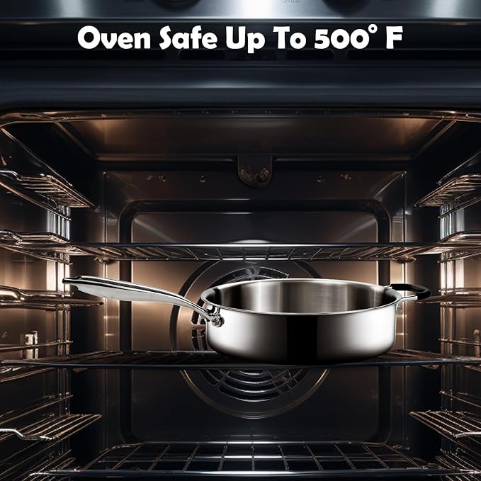 SLOTTET Tri-Ply Stainless Steel Saute Pan with Steamer, 5 Quart Deep Sauté Pan with Lid,11.5 Inch Frying Pan,Dishwasher and Oven Safe,Induction Stainless Steel Cookware