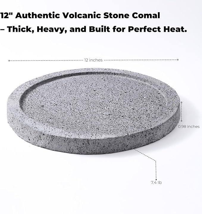 Volcanic Stone Comal - 12 in (30 cm) Round, 2.5 cm Thick | Comal de Piedra Volcánica para Tortillas | Stone Griddle for Gas Stove, Grill & Oven | Heat-Holding Plate for Asar Chiles & Carne