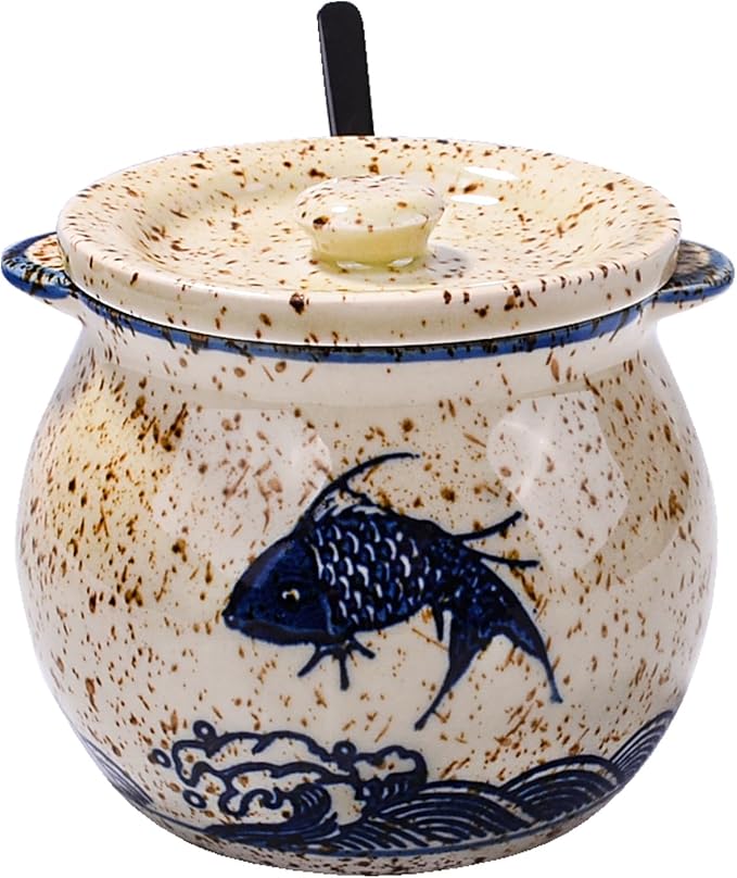 Japanese-Style Fish-Shaped Ceramic Sugar Jar & Spice Container with Lid & Stainless Steel Spoon Set – Decorative Koi Design, Kitchen Storage for Salt, Sugar (yl)