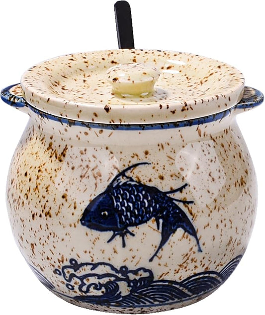 Japanese-Style Fish-Shaped Ceramic Sugar Jar & Spice Container with Lid & Stainless Steel Spoon Set – Decorative Koi Design, Kitchen Storage for Salt, Sugar (yl)