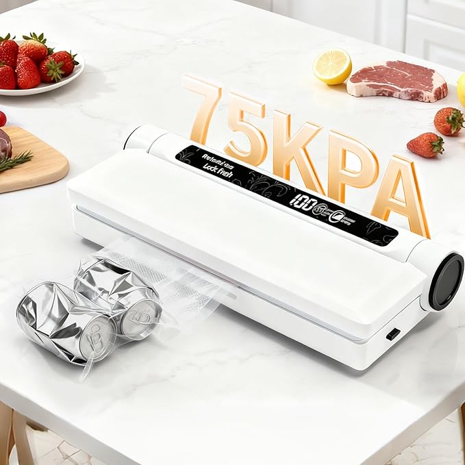 Food vacuum sealer, 75 kPa ，Compact Vacuum Sealer, equipped with a digital timer, Dry/Wet,sealing, including 20 Vacuum Sealer Bags, The chef's ideal food saver