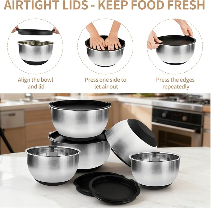 Deedro Premium Mixing Bowls with Airtight Lids Set, 22Pcs Thicker Stainless Steel Mixing Bowl Set, Large Prep Metal Bowls, Non-Slip Silicone Base Nesting Bowls for Kitchen, 1.5/2/3/4/5 QT, Black