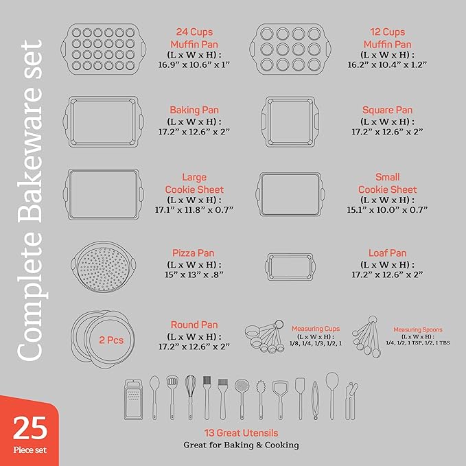 Emporio Kitchen Baking Pan Set - Nonstick Coating, Carbon Steel Bakeware Set with Red Silicone Handles, PFOA, PFOS, PTFE Free, Recipe Booklet Included, Oven Safe Tray (Up To 450° F), Set of 25 - Black