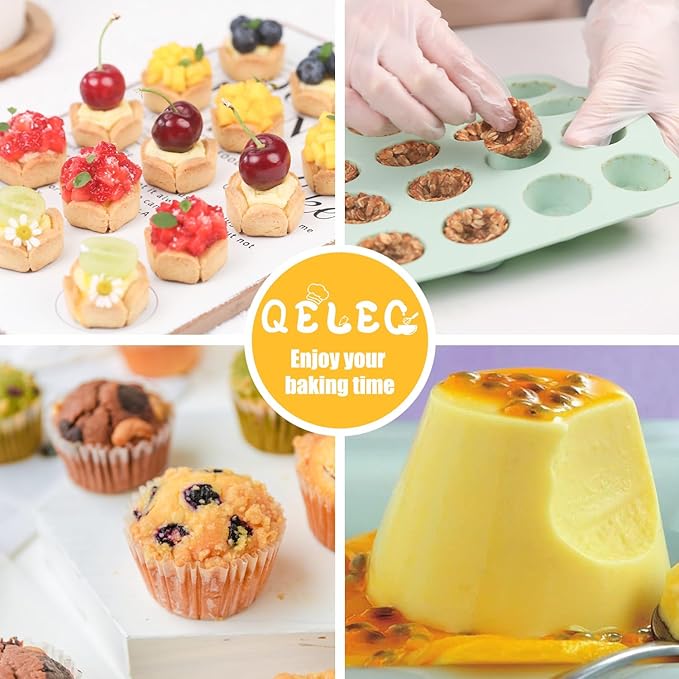 QELEG 2 Pcs Silicone Mini Cake Puck Mold, 24 Cup Cylinder Silicone Chocolate Mold, Cake Baking Mold for Chocolate Candy Covered Dessert Molds Set of 2, 2Pcs Green/24-Cavity