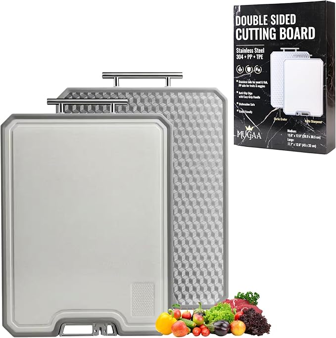 MUGAA Stainless Steel Cutting Board Set, Double-Sided 304 Stainless Steel & PP, Built-In Knife Sharpener, Non-Slip Juice Groove, Dishwasher Safe Steel Cutting Boards For Kitchen, Medium & Large