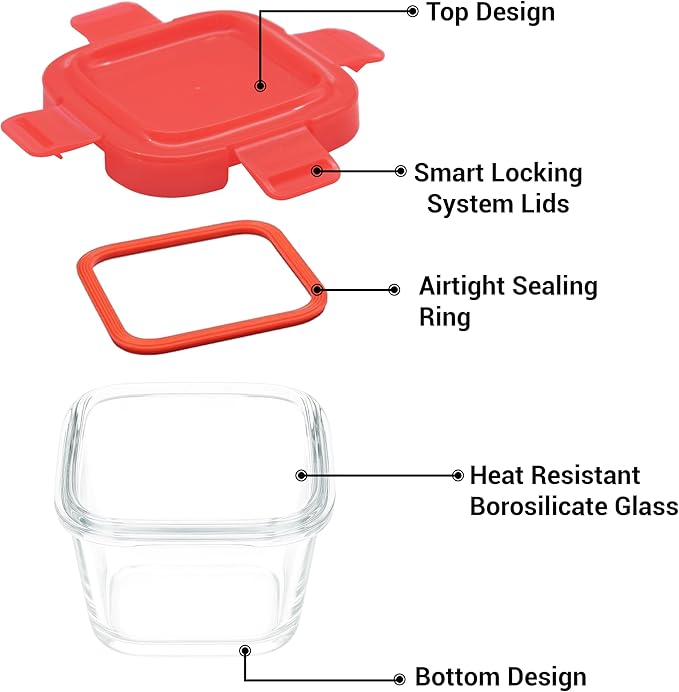 ARSUK Square 5oZ Glass Food Storage Containers with Snap-On BPA-Free Lids 6 Pack, Small Glass Jars for Sauce, Spices, Meal Prep - Reusable & Dishwasher Microwave Fridge Freezer Safe