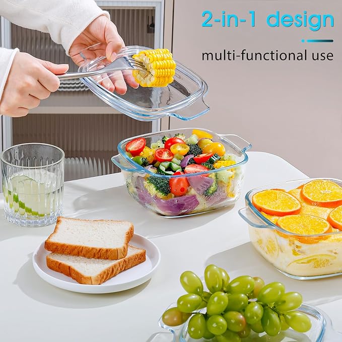 NUTRIUPS 2-Pack Square Glass Casserole Dish with Lid, 1L Mini Glass Casserole Cookware for Oven, Single-Serve Deepened Baking Dish
