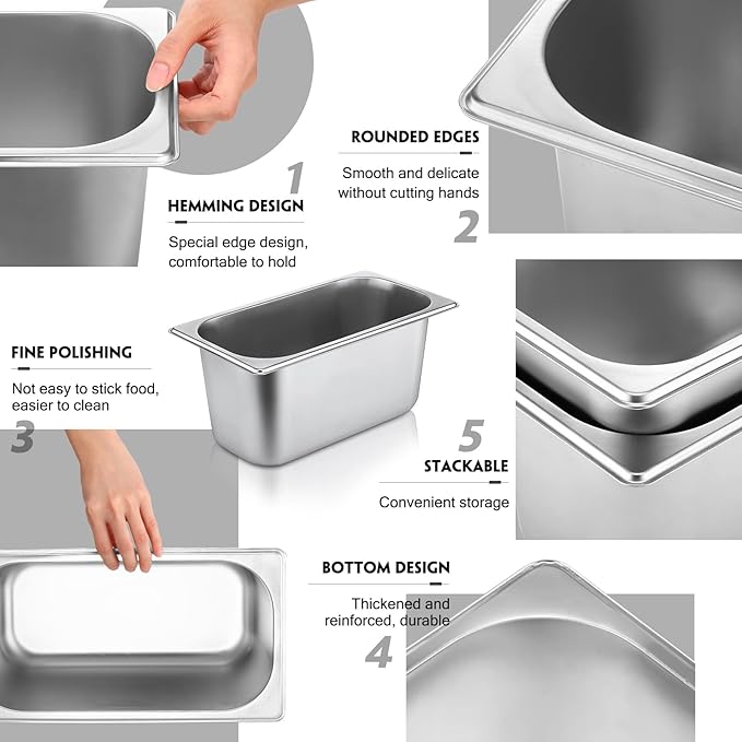 10 Pack Hotel Pans Stainless Steel Steam Table Pan 1/3 Size, 0.8 mm Thick Anti Jam Warming Pans for Food Warmer Restaurant Catering Supplies, 12.8 x 6.9 Inch(6 Inch Deep,Standard)