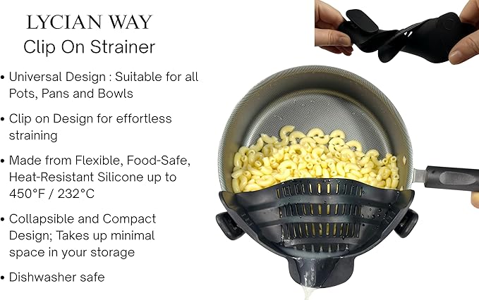 Clip on Strainer Silicone for All Pots and Pans, Colander, Pot Strainer for Pasta, Meat, Vegetables, Space Saving Design, Food-Safe, with Collapsible Funnel, Garlic Peeler, 3 Pack (Black)
