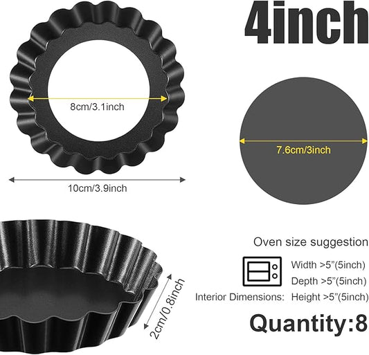 Mooisco 8 Pack Mini Tart Pan 4 Inch with Removable Bottom Fluted Sides Fruit Pans with Nonstick Coating For Pizza Cake Quiche