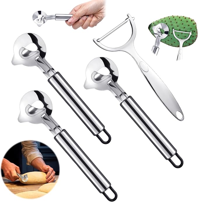 Lothee 4 Pcs Cactus Peeler Tools Stainless Steel Peeler Spoon and Paring Knife Long Handle Hole Slicing Noodle Cutter for Kitchen Gadget Accessories