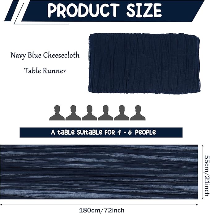 10 Pack Navy Blue Cheesecloth Table Runner 6FT Boho Gauze Fabric Table Runner Vintage Rustic Sheer Runners for Wedding Party Bridal Baby Shower Long Table Decorations