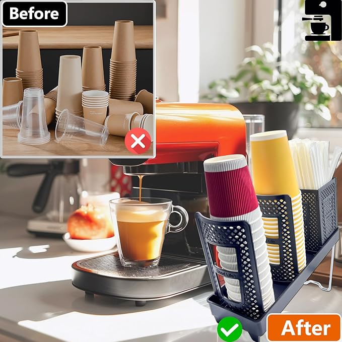 Coffee Cup Holder, Paper Cup and Lid Holder Dispenser with Straw Organizer,3-Slot Upright Disposable Plastic Coffee Cup Dispenser for Stations, Kitchens, Bars, Restaurants, Lounges (Black)