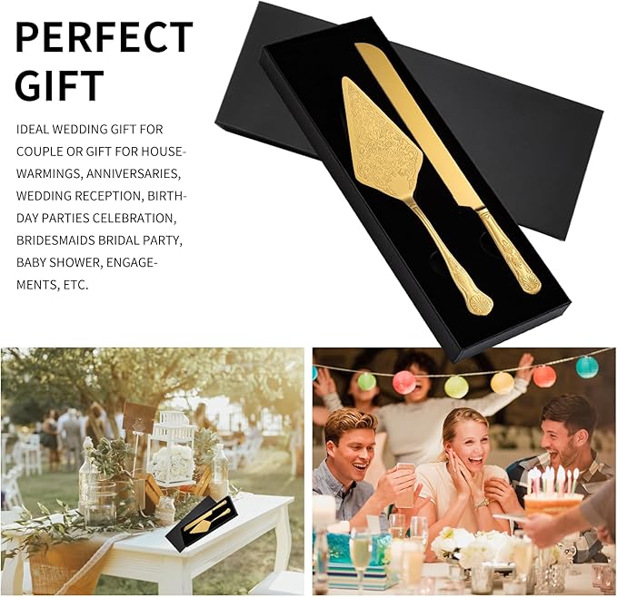 GURUDAR Vintage Wedding Cake Knife and Server Set, Stainless Steel Cake Pie Pastry Cutting Knife & Serving Spatula Set, Premium Party Supplies for Wedding, Birthday, Anniversary & Events, Gold