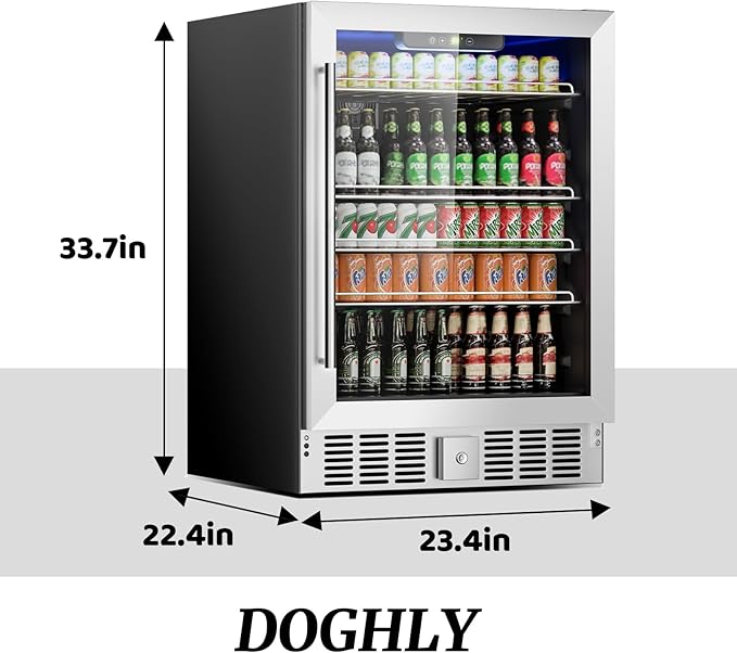 24 Inch Wine and Beverage Refrigerator, 182 Cans Built-in Cooler with Glass Door, Digital Temperature Control, LED Lighting, Adjustable Shelves, Freestanding Beer Fridge for Home, Bar, Office