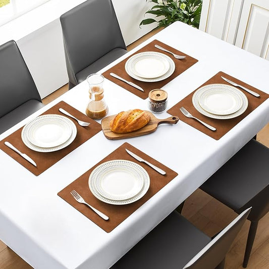 MOSAYT Vinyl Placemats Set of 12-12 X 17 Inch - Faux Leather 100% Waterproof Oil-Proof Wipeable PU Place Mats, Heat Resistant Reversible Table Mats for Kitchen, Dining, Outdoor (Reddish Brown)