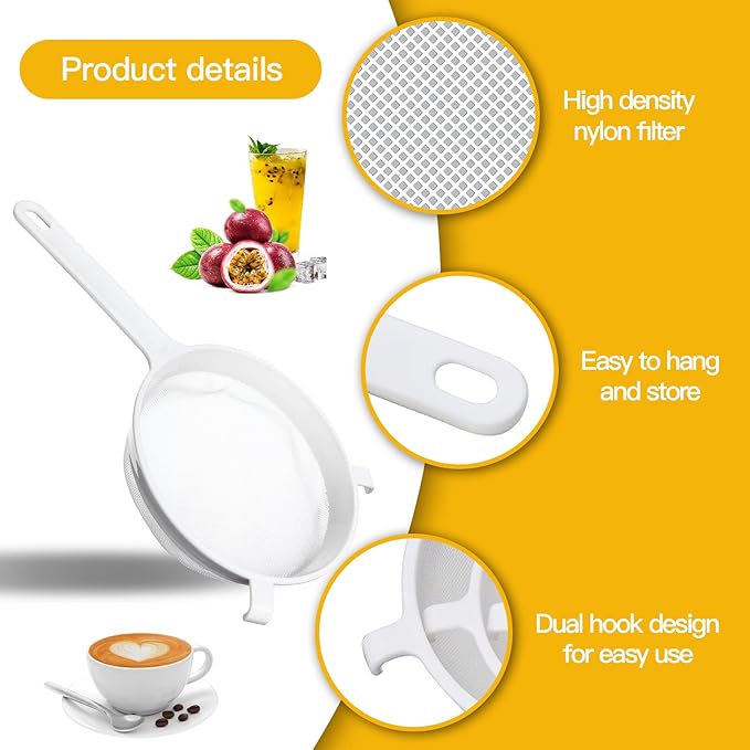 4 Pcs Plastic Nylon Mesh Strainers for Kitchen with Handle Double Ear Nylon Mesh Colander Yogurt Milk Filter Juices Strainer for Filtering Coffee Juice Kefir Milk Tea (3 Inch, 5 Inch, 6 Inch, 7 Inch)