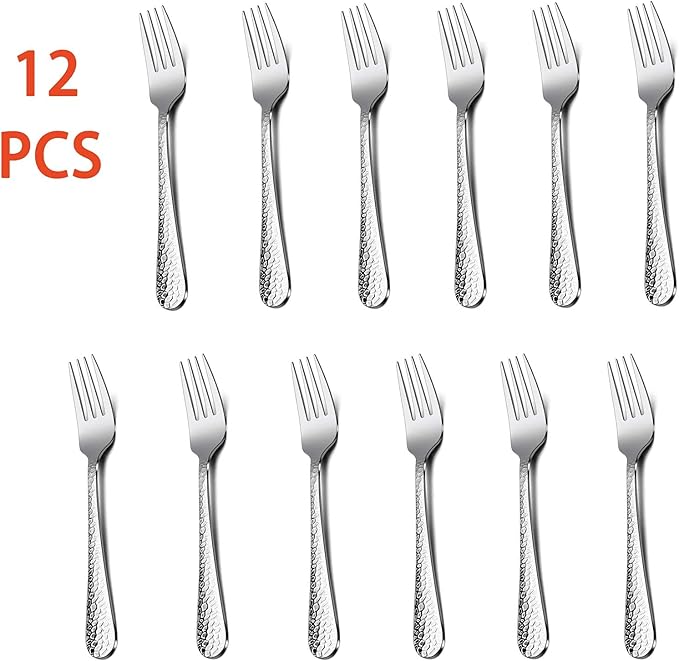 E-far Salad Forks Set of 12, Appetizer Dessert Forks Stainless Steel, Hammered Silverware Flatware Small Forks, Mirror Finish, Dishwasher Safe - 6.7 Inches