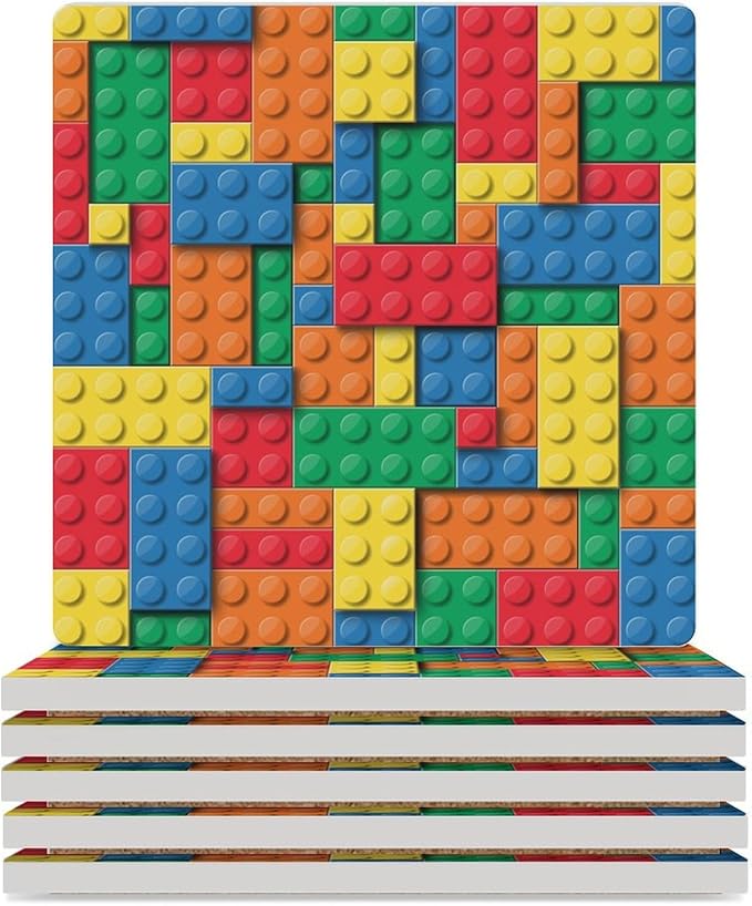Square-6PCS Gamer Drink Coasters, Square Modern Ceramic Absorbent Coasters, Kids Colorful Building Blocks Toys Decor Desk Coffee Table Coaster for Beverage Cup Tea Coasters