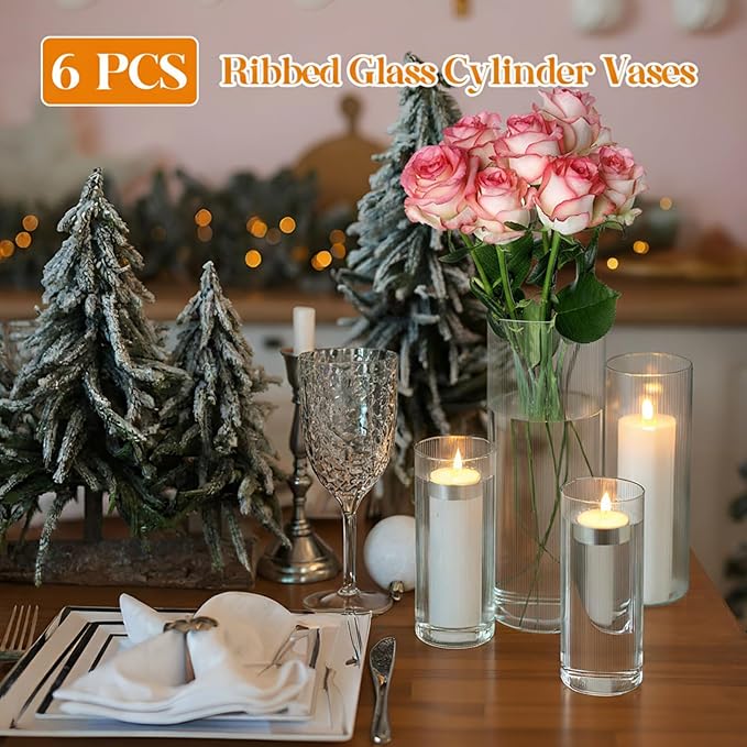 6 Pcs Ribbed Glass Candle Holder 6"/7.8"/10" Tall Cylinder Candle Holders Clear Round Flower Vases for Table Centerpiece Wedding Anniversary Home Decorations