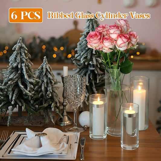 6 Pcs Ribbed Glass Candle Holder 6"/7.8"/10" Tall Cylinder Candle Holders Clear Round Flower Vases for Table Centerpiece Wedding Anniversary Home Decorations