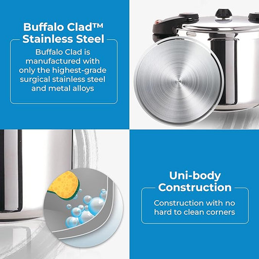 Buffalo Pressure Cooker 8 Qt Stainless Steel - Small Canning Pot with Lid for Home, Commercial Use - Easy to Clean Stove Top Pressure Canner, Can Cooker - SG Certificate QCP408