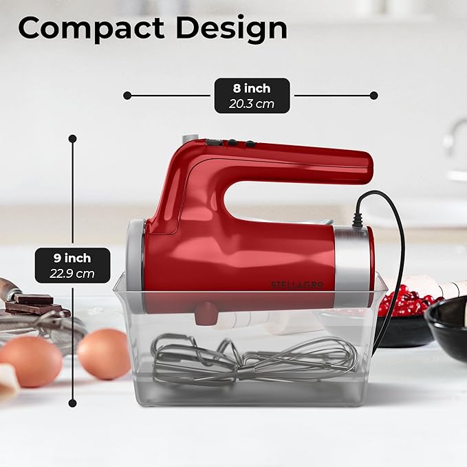 Stellagro 9 Speed Electric Handheld Mixer with Stainless Steel Whisk Beater Attachments & Snap Storage Case, Compact Lightweight 350 W Powerful hand held mixer for Baking & Cooking, Red
