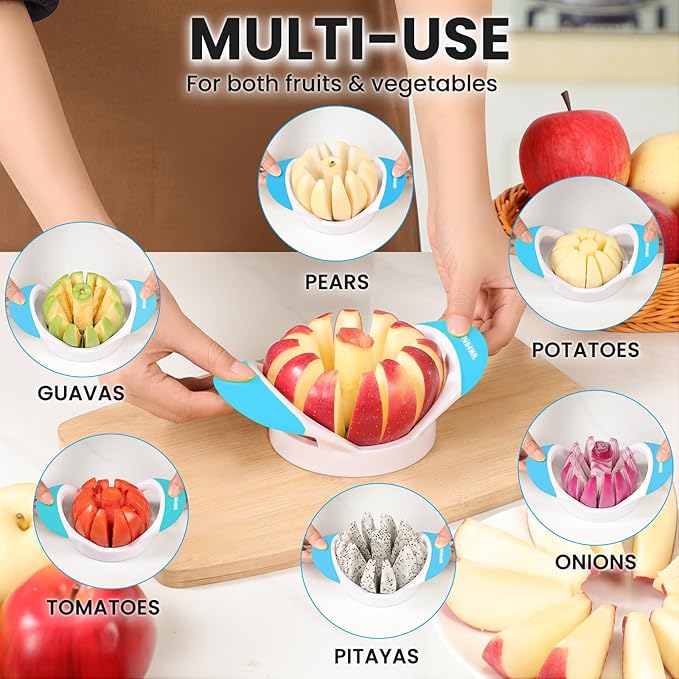 SCHVUBENR 3.5 Inch Apple Slicer with 12 Sharp Blades - Professional Apple Cutter - Stainless Steel Apple Corer - Super Sharp Apple Slicer and Corer - Slice Apple with Ease(Blue)
