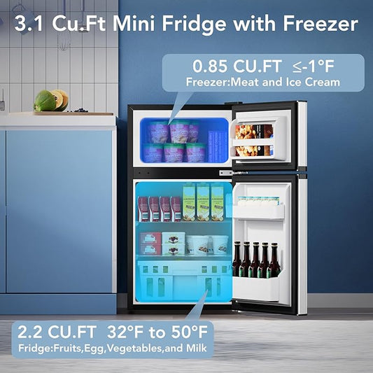 3.1 Cu.Ft Mini Fridge with Freezer, 2 Door Compact Refrigerator, Mini Fridge with Adjustable Removable Glass Shelves for Bedroom, Office, Dorm or Apartment, Stainless Steel