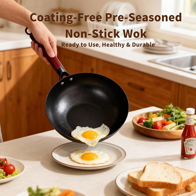 Calmabode Uncoated Carbon Steel Wok with Wooden Handle (12 Inch) - Traditional Chinese Stir Fry Pan for High Heat Cooking, Non-Toxic, Easy Cleanup, Induction & Stovetop Compatible with Hanging Loop