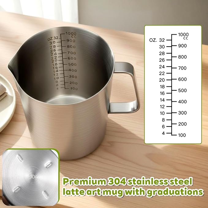 304 Stainless Steel Measuring Cup with Handle and Pour Lip, 32oz / 1000ml Metal Pitcher with Oz And ML Marking, 18/8 Stainless Steel Heavy-Duty Milk Frothing Jug for Latte Art Iced Tea Hot/Cold Water