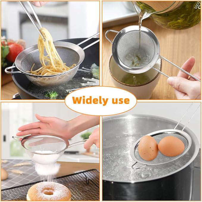 CEYAZYE Fine Mesh Strainers Set, 304 Stainless Steel Colander, Sifter, Sieve with Hanging Handle Design, Suitable for Sifting, Filtering Tea, Food, Juice, Pasta, Flour in Kitchen (3 Size)
