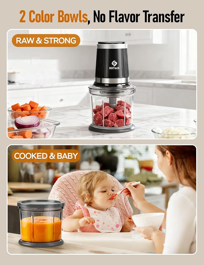 HXTech Food Processor, Electric Food Chopper with 2 Bowls (2 × 4 Cup) & 2 Dual-Layer S-Blade Sets, Meat Grinder & Vegetable Chopper for Meat, Onions, Garlic, Nuts, Salad & Baby Food
