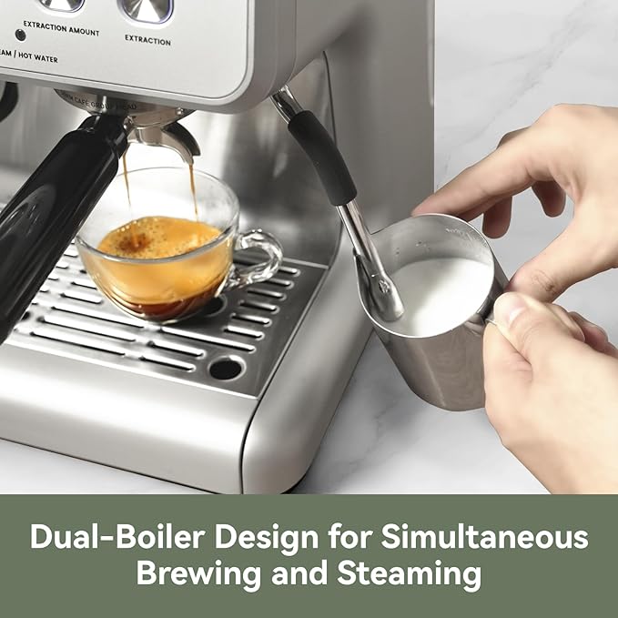 Gevi Dual Boiler Espresso Machine with Built-in Grinder, 58mm Commercial Portafilter, Barista Steam Wand, 31 Grind Settings, Stainless Steel, for Home Barista Use, Sterling Silver